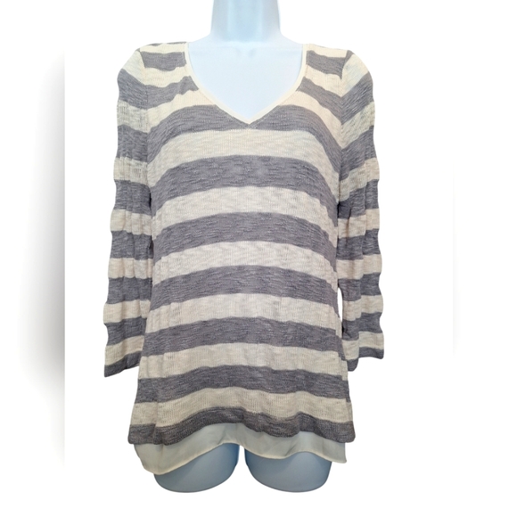 White House Black Market Sweaters - White House Black Market medium grey & white striped long-sleeved lined sweater.